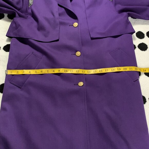 Vintage 80s 90s Purple Wool Gold Button Beltless Long Trench Coat Retro Overcoat - Picture 14 of 16